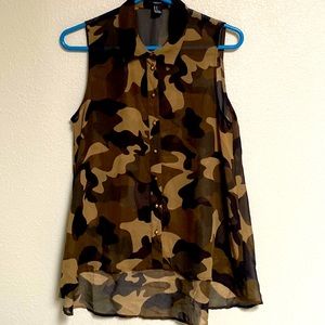 Forever 21 Sheer Sexy Vest Like Army Pattern Blouse Tank Top Size M